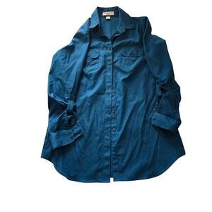 Coldwater Creek Teal Blue No Iron Button Up Shirt Tunic Top Women's XS 4-6